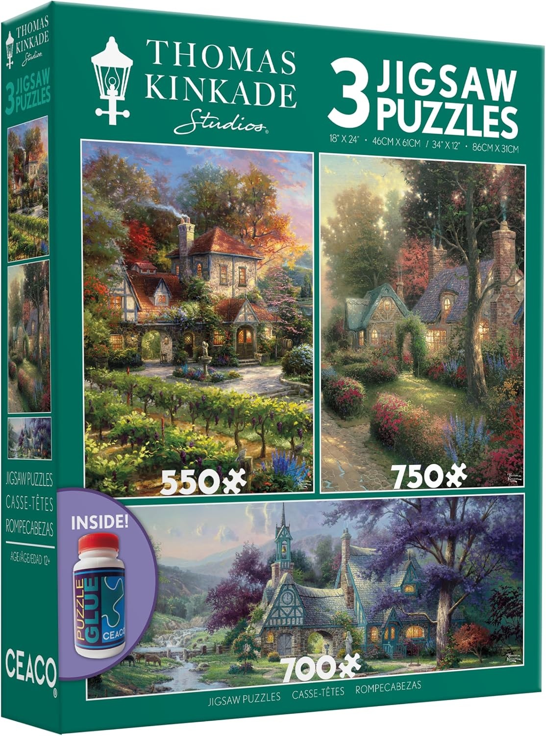 image:imageCeaco  3 in 1 Multipack  Thomas Kinkade  Clocktower Cottage  550 750 700 Piece Panoramic Jigsaw Puzzles