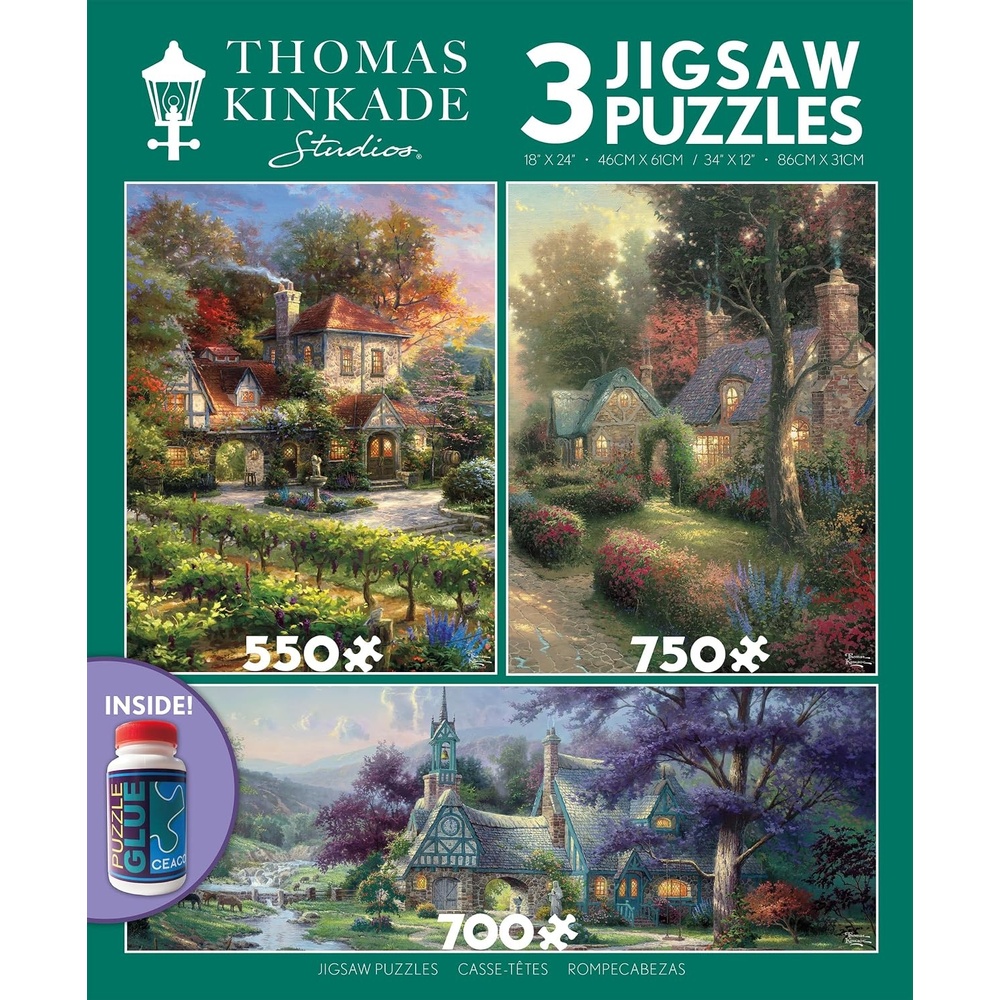 image:imageCeaco  3 in 1 Multipack  Thomas Kinkade  Clocktower Cottage  550 750 700 Piece Panoramic Jigsaw Puzzles